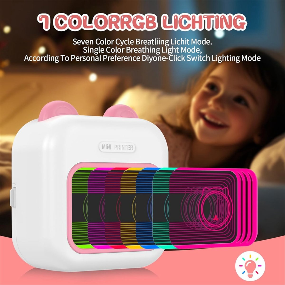 Mini Pocket Thermal Printer Paper Roll - Mini Etiket Yazıcısı RGB Işık Bluetooth